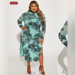 Floral Long Sleeve Dress in Mint and Black